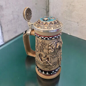 Brazilian Pottery Glazed Vintage Beer Stein American Frontier Indians 9" Tankard